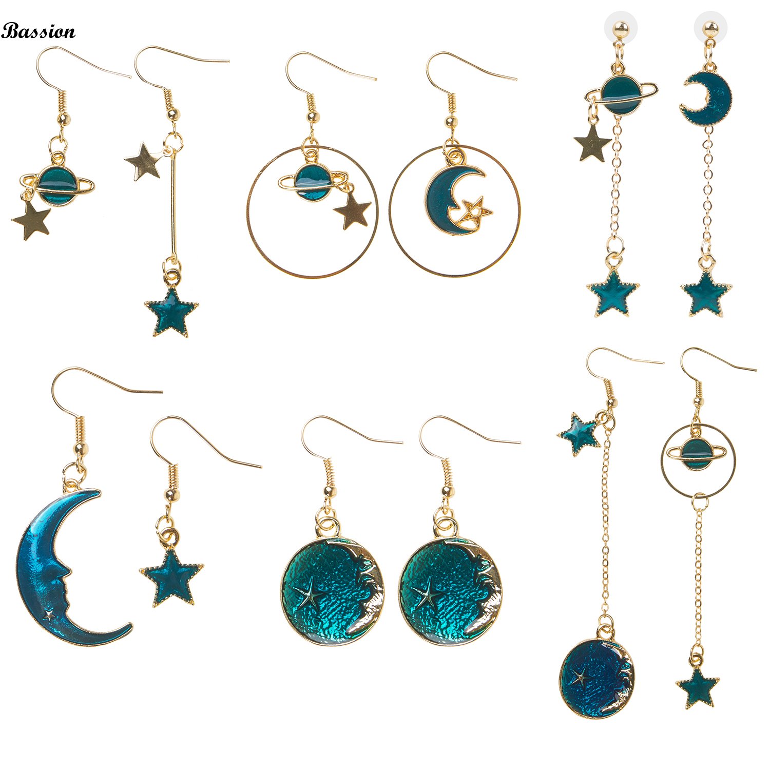 6 Pairs Enamel Planet Earrings Moon Star Earth Drop Hook Dangle for Women Girls